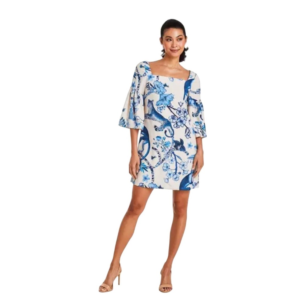 Mestiza NWT SZ XSM Vivienne Bell Sleeve Mini‎ Dress Blue Monkey Toile Print